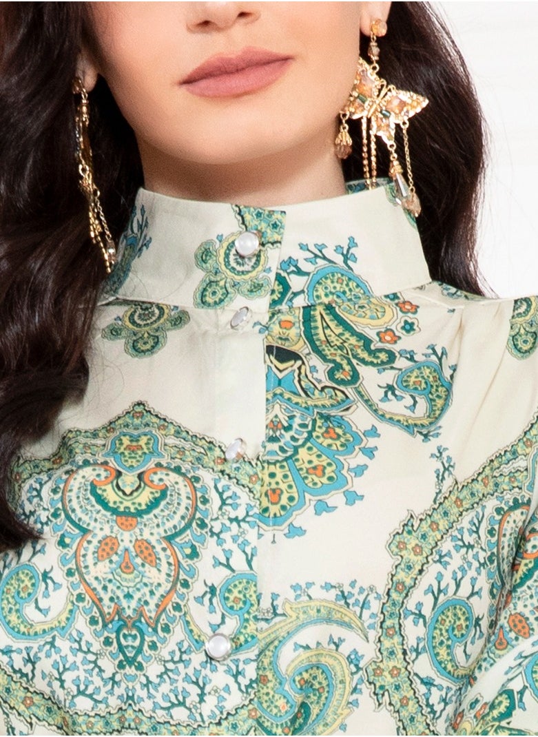 FridayIn - Elegant style High collar Flowers Belt Shirt sleeve Long Dresses Light green - Image 1