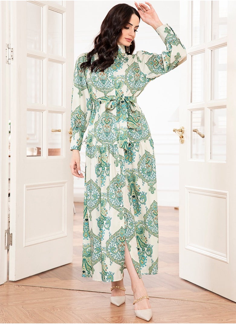 FridayIn - Elegant style High collar Flowers Belt Shirt sleeve Long Dresses Light green - Image 1