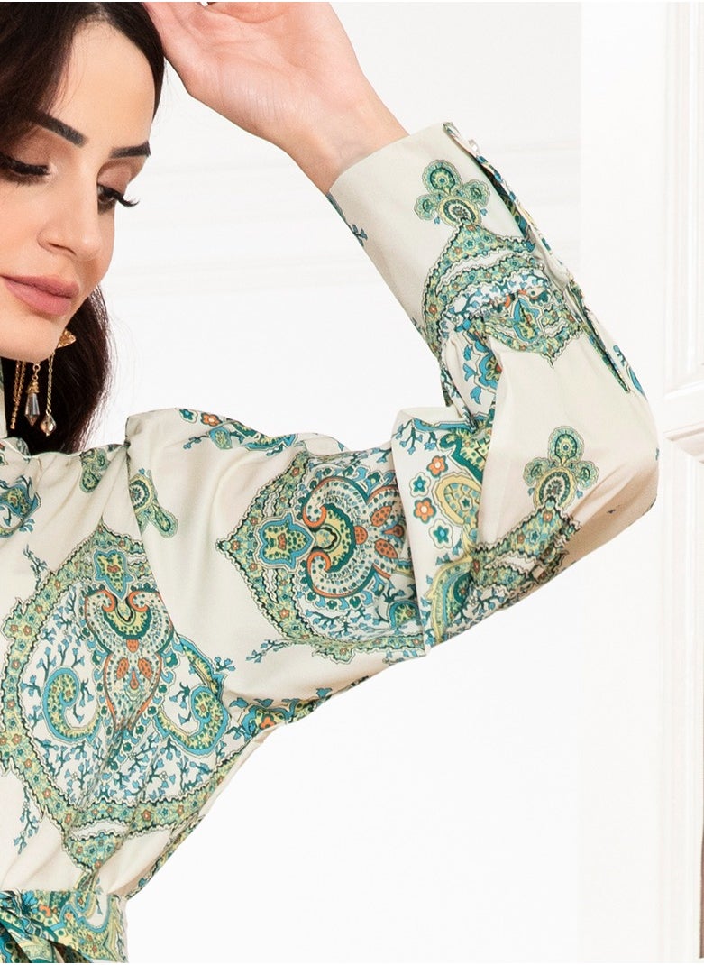 FridayIn - Elegant style High collar Flowers Belt Shirt sleeve Long Dresses Light green - Image 1
