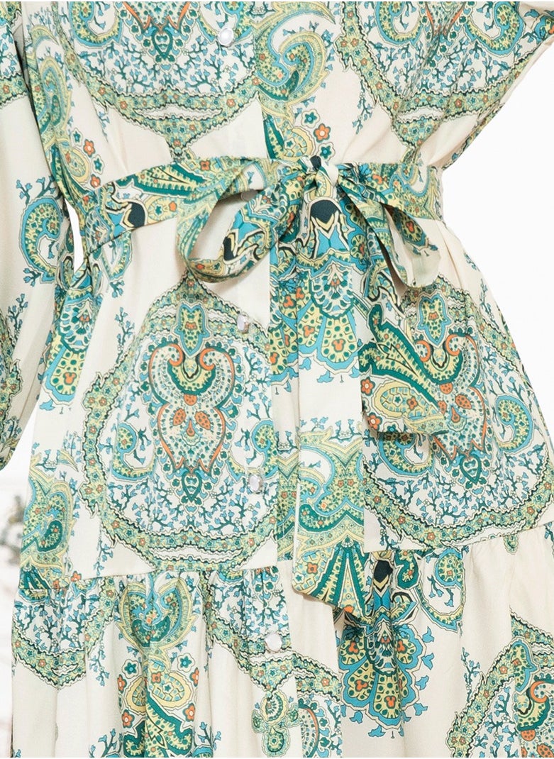 FridayIn - Elegant style High collar Flowers Belt Shirt sleeve Long Dresses Light green - Image 1