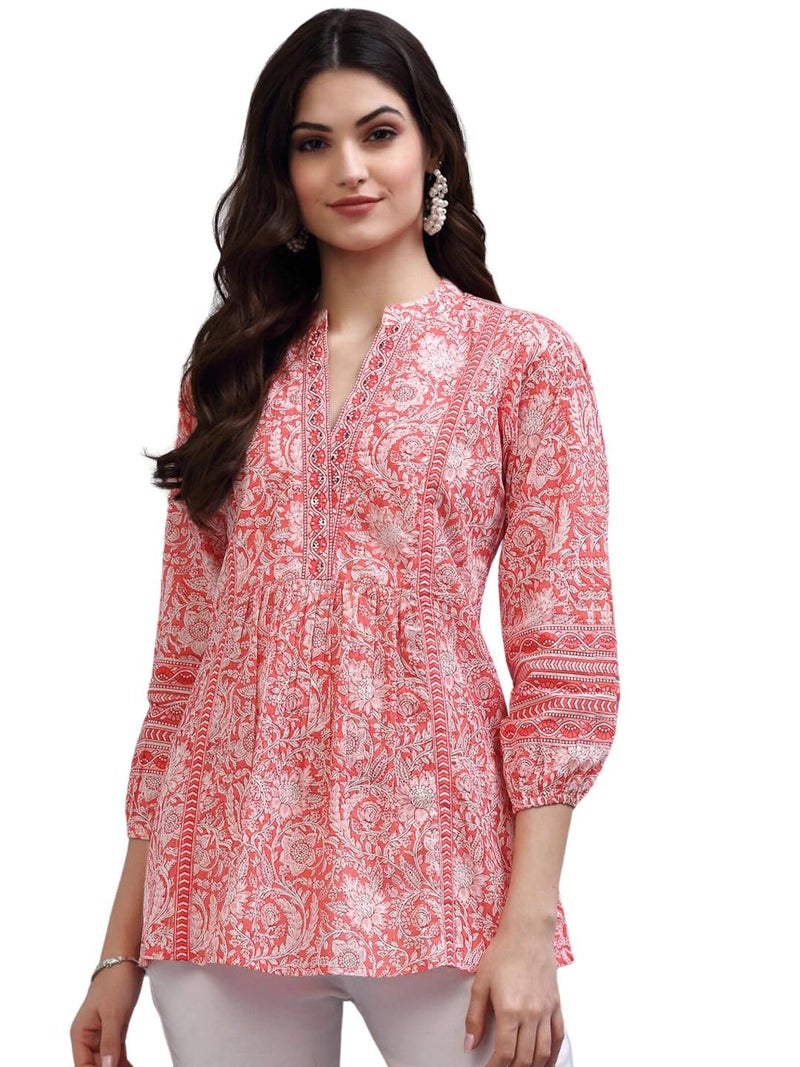 rytras Women's Floral Printed Cotton Top(Orange,XS) - Image 1