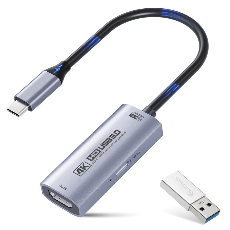 Guermok 4K USB3.0 Video Capture Card with PD 100W, 4K@60FPS or 2K@144FPS HDMI to USB-A/C Capture Card for Streaming, Works with Pad, Tablet, MacOS, Switch2/1, Laptop, PC, Camera, VR, Silver - Image 1