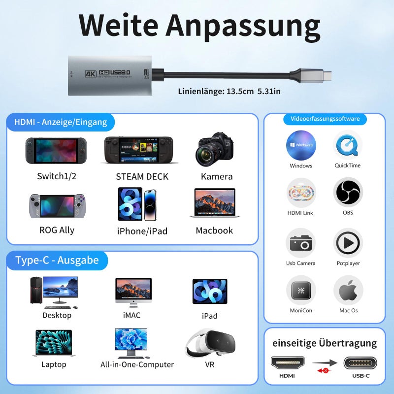 Guermok 4K USB3.0 Video Capture Card with PD 100W, 4K@60FPS or 2K@144FPS HDMI to USB-A/C Capture Card for Streaming, Works with Pad, Tablet, MacOS, Switch2/1, Laptop, PC, Camera, VR, Silver - Image 3