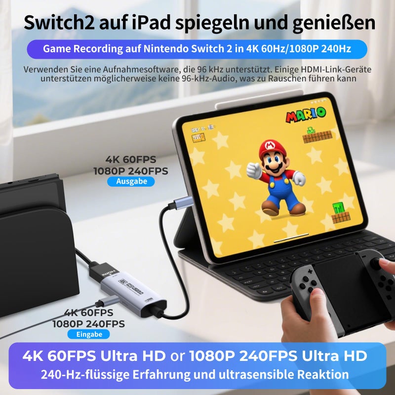 Guermok 4K USB3.0 Video Capture Card with PD 100W, 4K@60FPS or 2K@144FPS HDMI to USB-A/C Capture Card for Streaming, Works with Pad, Tablet, MacOS, Switch2/1, Laptop, PC, Camera, VR, Silver - Image 2