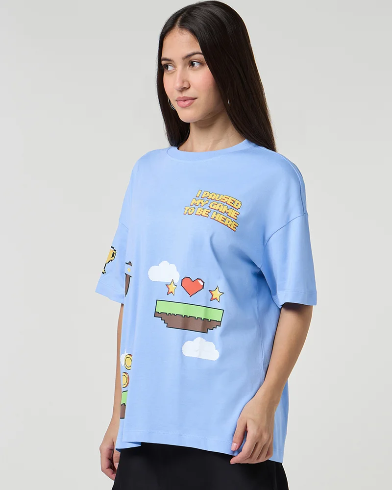 bewakoof Women's Chambray Blue I Paused My Game Graphic Printed Oversized T-shirt