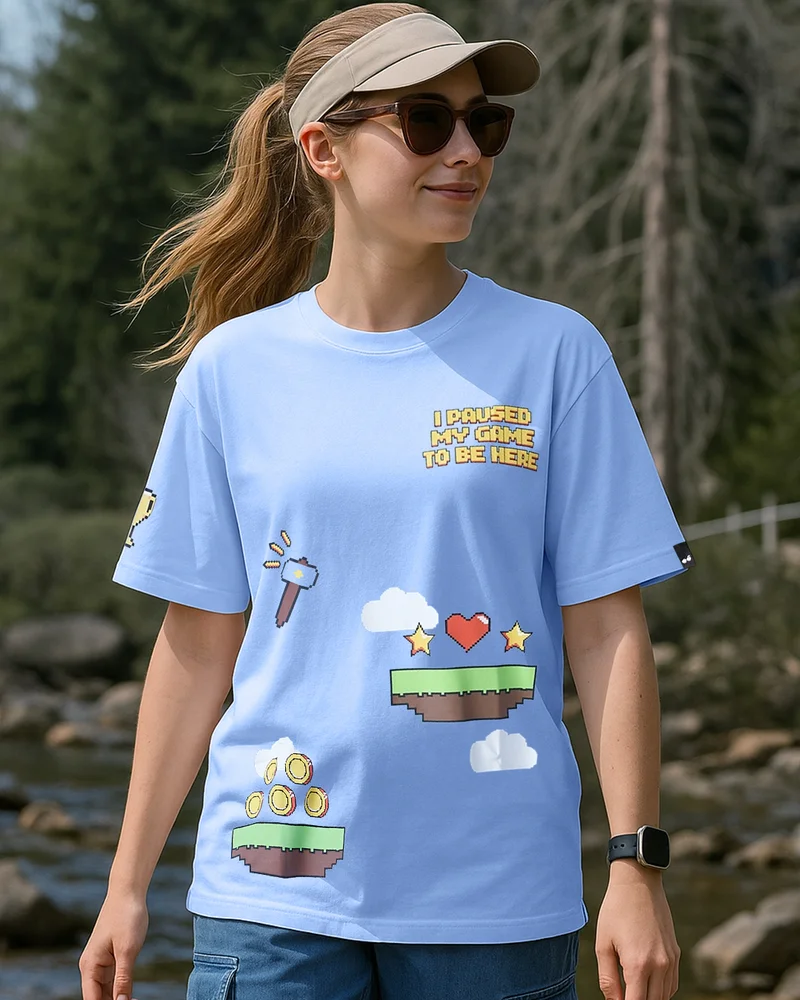 bewakoof Women's Chambray Blue I Paused My Game Graphic Printed Oversized T-shirt