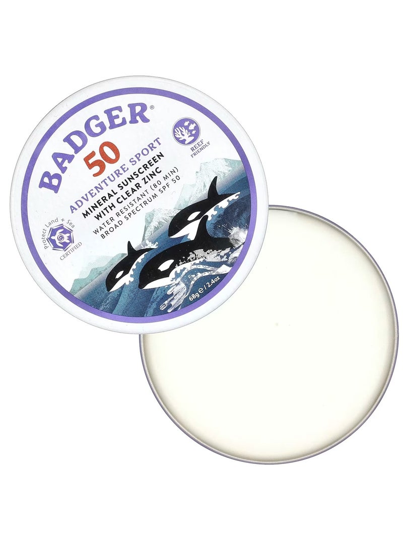 Badger Adventure Sport Mineral Sunscreen with Clear Zinc SPF 50 Unscented, 2.4 oz (68 g) - Image 2