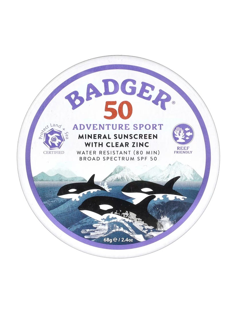 Badger Adventure Sport Mineral Sunscreen with Clear Zinc SPF 50 Unscented, 2.4 oz (68 g) - Image 1