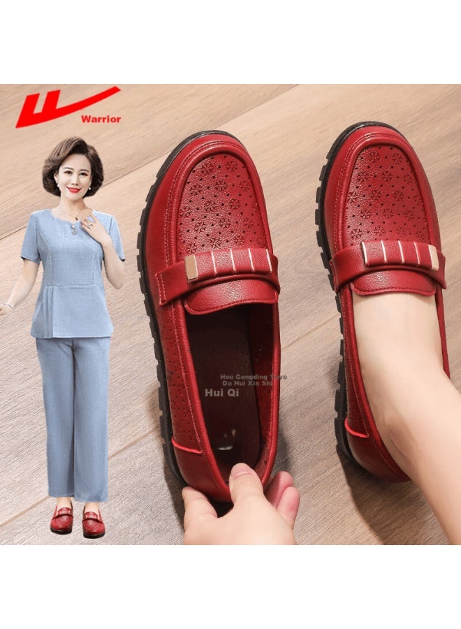 Pull Back Warrior Mom Shoes Middle-aged Summer Sandals Soft Sole Elderly Women's Leather Slip-resistant Shoes Red 34 5060s 0062 - Image 1