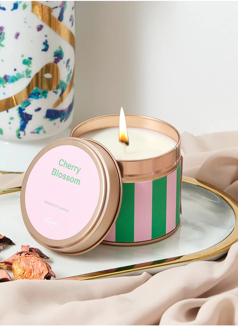 Flamingo Candles Cherry Blossom Pink & Green Stripe Tin Candle