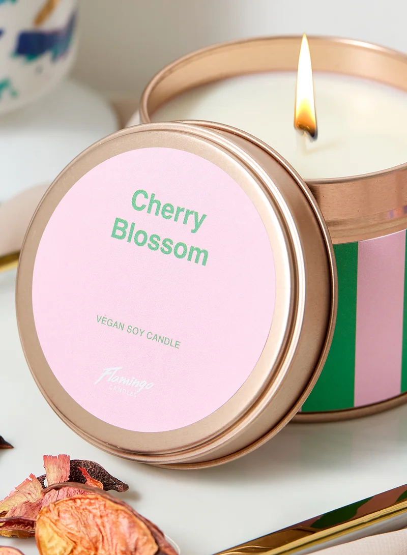 Flamingo Candles Cherry Blossom Pink & Green Stripe Tin Candle