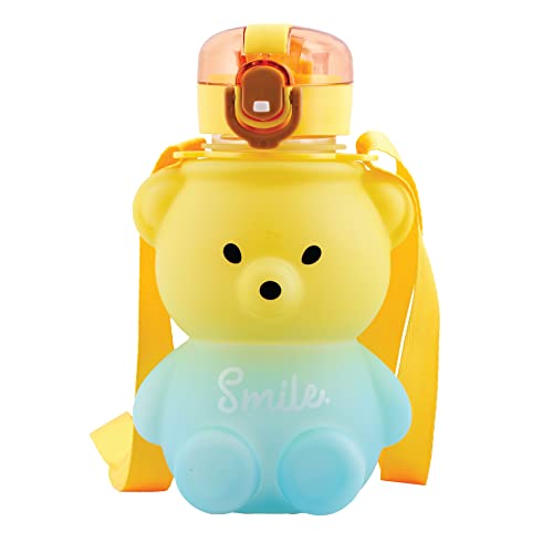 Koochie-Koo Plastic Teddy Bear Water Bottle for Kids, Push Button Water Bottle with Straw, Sipper Bottle for Kids with Adjustable Strap and Stickers, 800ml, Yellow, 3+Years (Pack of 1) - Image 1