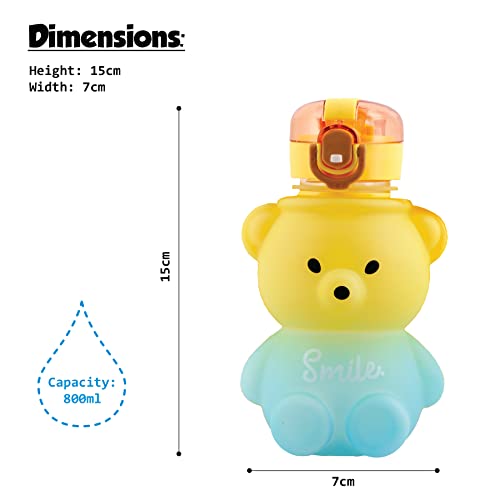 Koochie-Koo Plastic Teddy Bear Water Bottle for Kids, Push Button Water Bottle with Straw, Sipper Bottle for Kids with Adjustable Strap and Stickers, 800ml, Yellow, 3+Years (Pack of 1) - Image 4