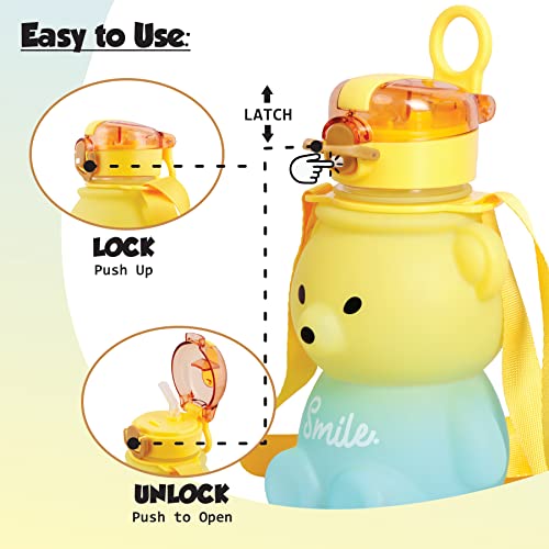 Koochie-Koo Plastic Teddy Bear Water Bottle for Kids, Push Button Water Bottle with Straw, Sipper Bottle for Kids with Adjustable Strap and Stickers, 800ml, Yellow, 3+Years (Pack of 1) - Image 2