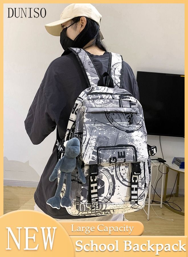 DUNISO School Backpack Large Capacity Multi-pocket Students Backpack School Bag Letter Printed Book Bags Waterproof Wear-resistant Backpacks for Teen Back Pack College Students Laptop Bag for Casual Travel - Image 1