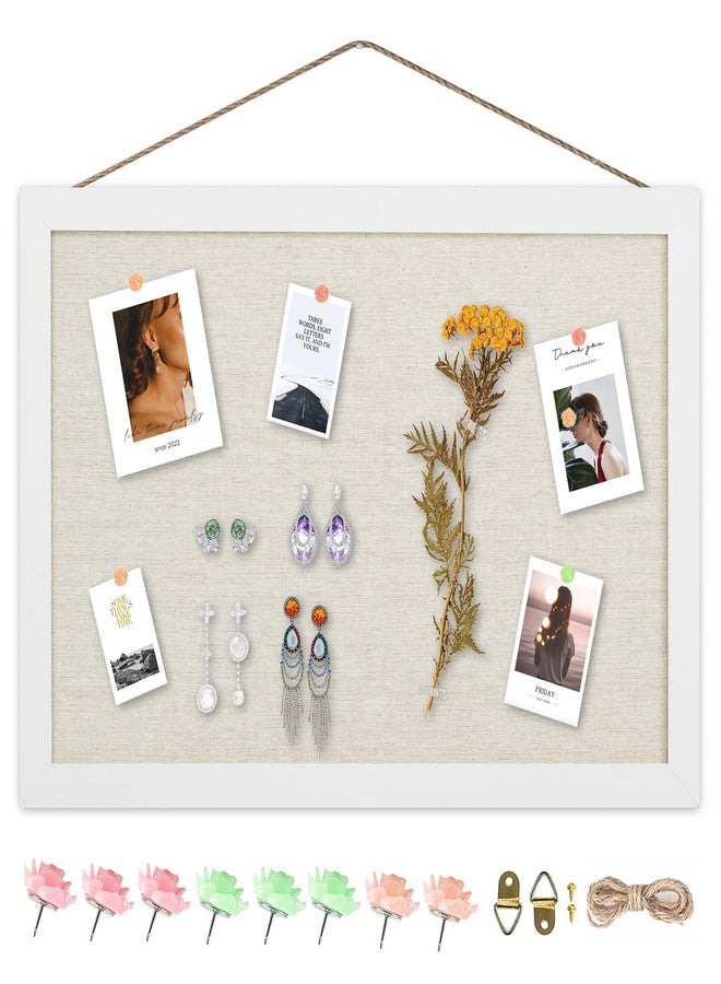 AKTOP Cork Board Bulletin Board with Linen 16.7" X 11", Small Framed Corkboard for Wall, Hanging Pin Board Picture Board for Home Office Decor, Cute Vision Board with 8 Pushpins (Vintage White) - Image 1