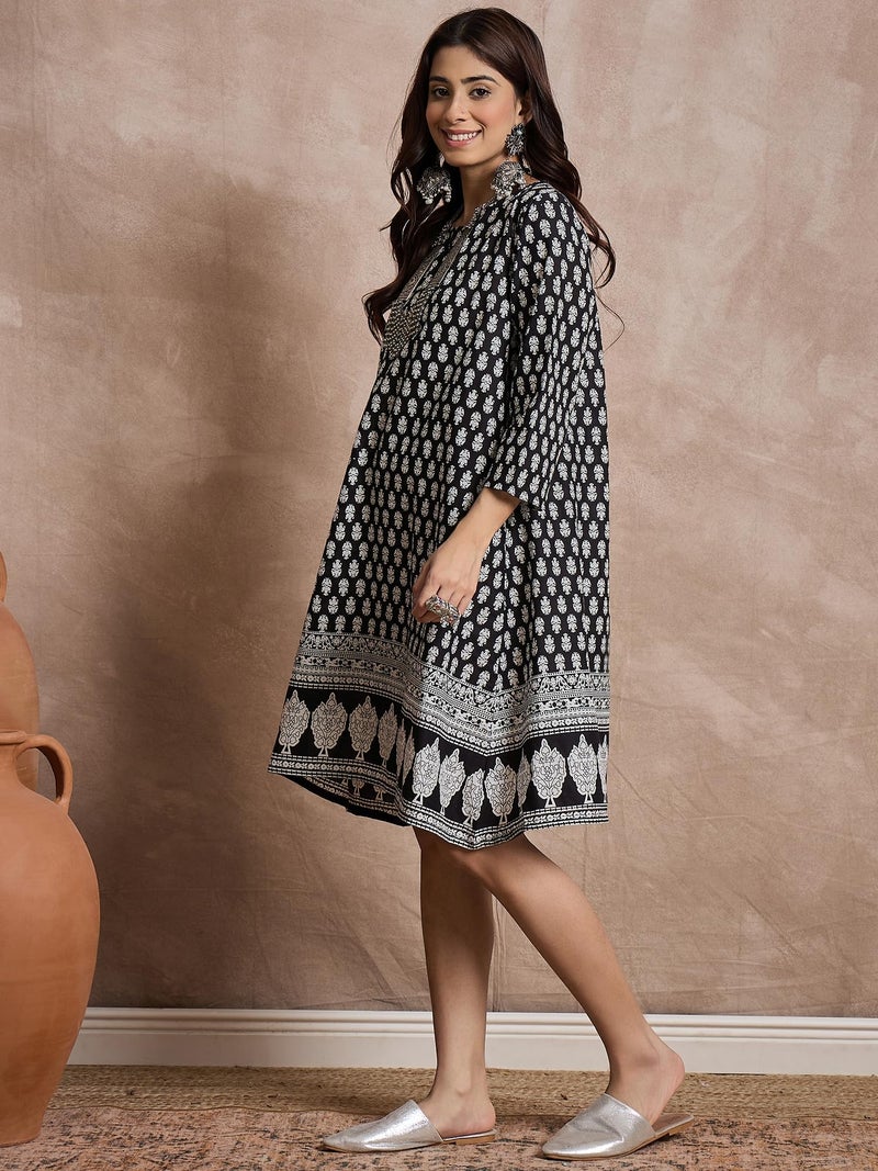 InWeave Ethnic Motifs Print Monochrome A-Line Dress Black - Image 2