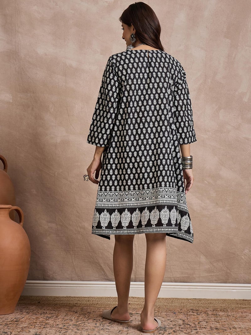 InWeave Ethnic Motifs Print Monochrome A-Line Dress Black - Image 3