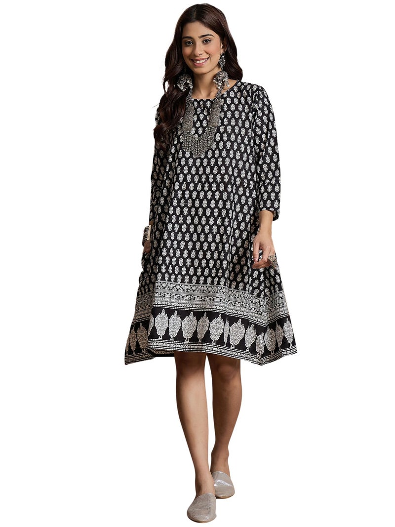 InWeave Ethnic Motifs Print Monochrome A-Line Dress Black - Image 1