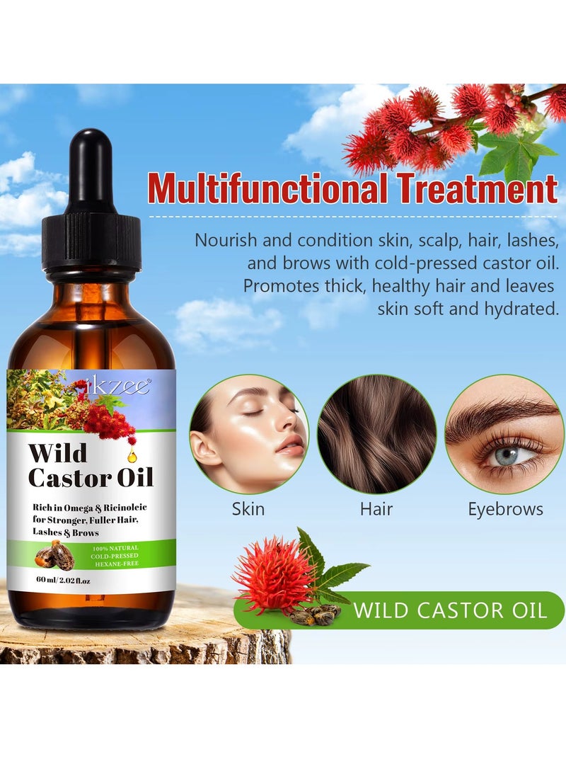 IKZEE - 60ml Wild Castor Oil for Skin Care Organic Castor Essential Oil Rich in Omega and Ricinoleic Acid for Stronger Hair Lash and Brow Castor Serum for Hair Beard Eyelash Eyebrow Growth and Nails Care Face Serum Castor Oil Face Oil - Image 1