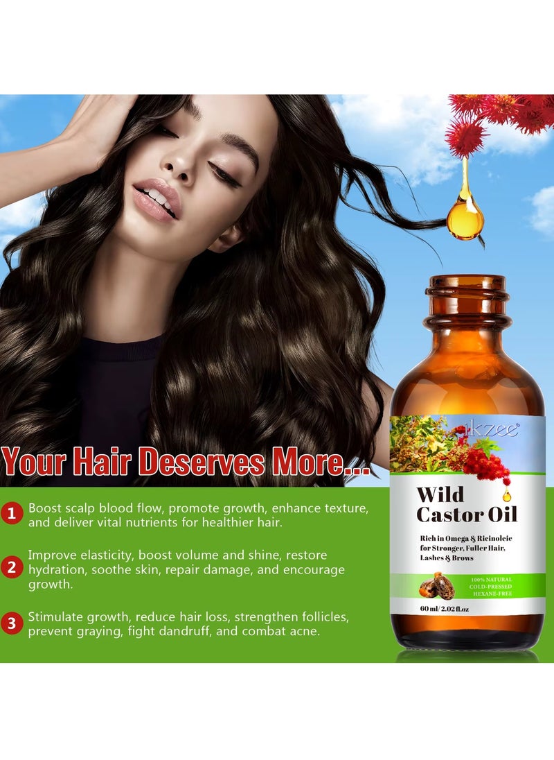IKZEE - 60ml Wild Castor Oil for Skin Care Organic Castor Essential Oil Rich in Omega and Ricinoleic Acid for Stronger Hair Lash and Brow Castor Serum for Hair Beard Eyelash Eyebrow Growth and Nails Care Face Serum Castor Oil Face Oil - Image 1