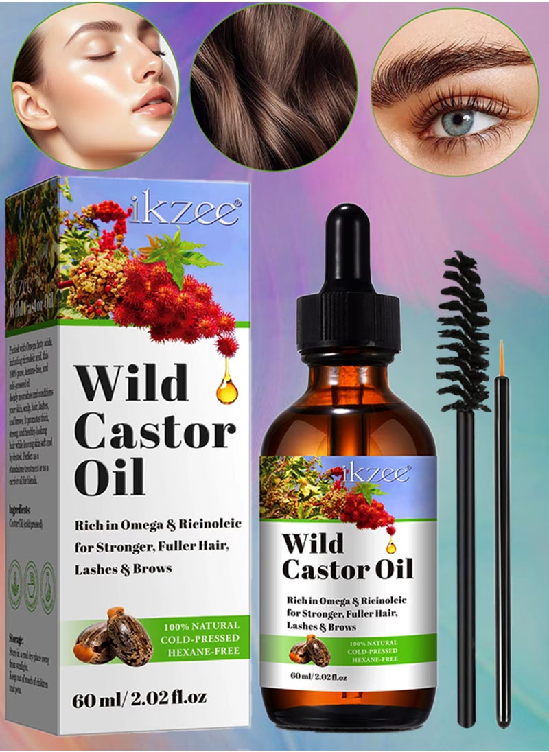 IKZEE - 60ml Wild Castor Oil for Skin Care Organic Castor Essential Oil Rich in Omega and Ricinoleic Acid for Stronger Hair Lash and Brow Castor Serum for Hair Beard Eyelash Eyebrow Growth and Nails Care Face Serum Castor Oil Face Oil - Image 1