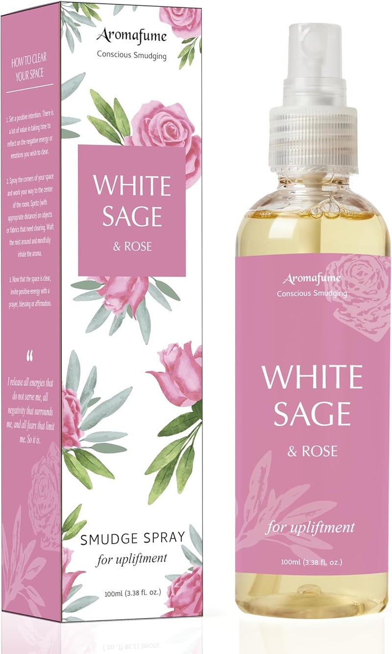 Aromafume White Sage & Rose Smudge Spray & Natural Mist by Aromafume | 100 ml / 3.3oz | Salvia Apiana & Rose Extracts. Accentuates Romance, Intimacy & Positivity. Non-Alcoholic, Non-Toxic & Vegan - Image 1