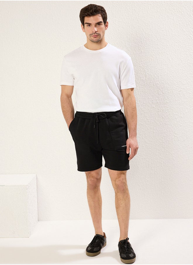 Black Regular Cut Text Printed Shorts&Bermuda