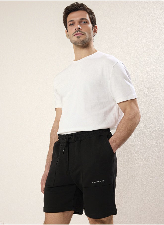 Black Regular Cut Text Printed Shorts&Bermuda