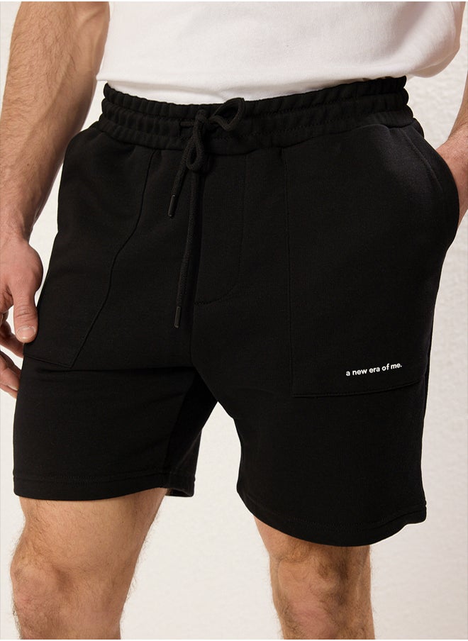 Black Regular Cut Text Printed Shorts&Bermuda