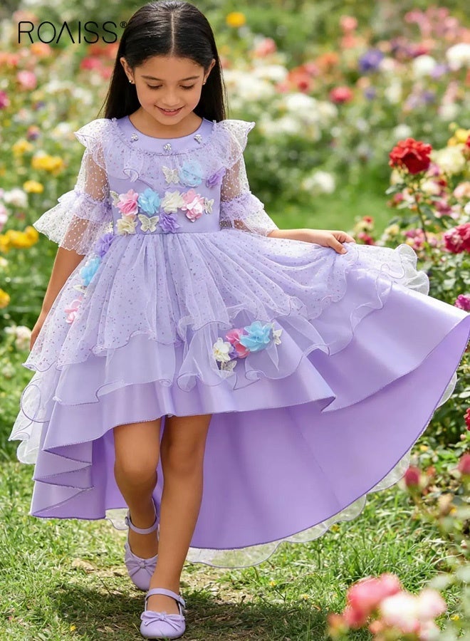 roaiss Girls Tulle Dress with Back Zipper, Ruffle Sleeve Round Neck Dress, High-low Frock with 3D Flowers, Stylish Chic Princess Dress for Girls, Suitable for Daily Wear, Birthday Parties, Wedding or Any Occasion - Image 1