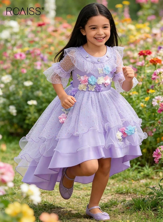 roaiss Girls Tulle Dress with Back Zipper, Ruffle Sleeve Round Neck Dress, High-low Frock with 3D Flowers, Stylish Chic Princess Dress for Girls, Suitable for Daily Wear, Birthday Parties, Wedding or Any Occasion - Image 2