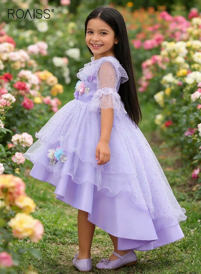 roaiss Girls Tulle Dress with Back Zipper, Ruffle Sleeve Round Neck Dress, High-low Frock with 3D Flowers, Stylish Chic Princess Dress for Girls, Suitable for Daily Wear, Birthday Parties, Wedding or Any Occasion - Image 3