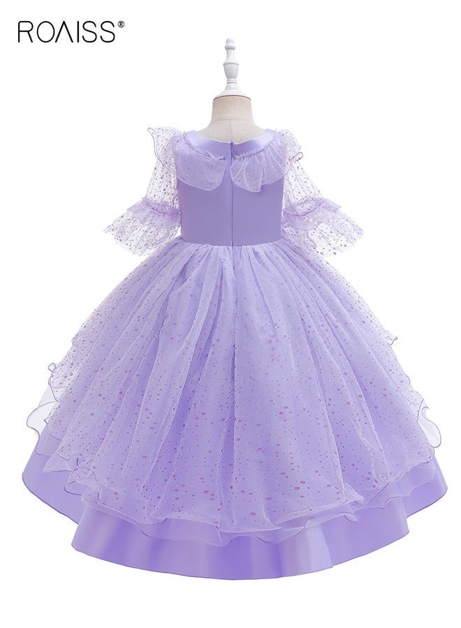 roaiss Girls Tulle Dress with Back Zipper, Ruffle Sleeve Round Neck Dress, High-low Frock with 3D Flowers, Stylish Chic Princess Dress for Girls, Suitable for Daily Wear, Birthday Parties, Wedding or Any Occasion - Image 5