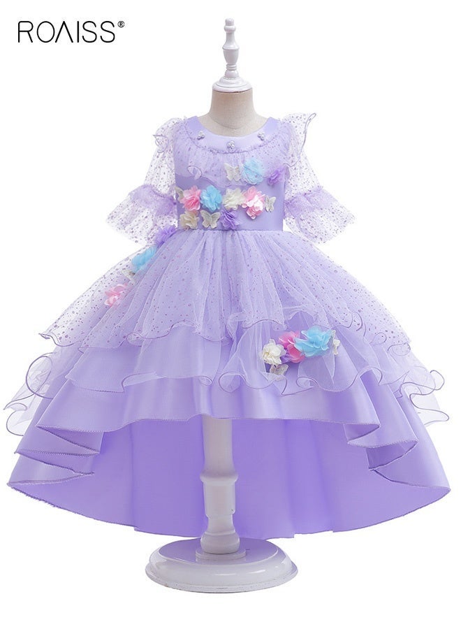 roaiss Girls Tulle Dress with Back Zipper, Ruffle Sleeve Round Neck Dress, High-low Frock with 3D Flowers, Stylish Chic Princess Dress for Girls, Suitable for Daily Wear, Birthday Parties, Wedding or Any Occasion - Image 4