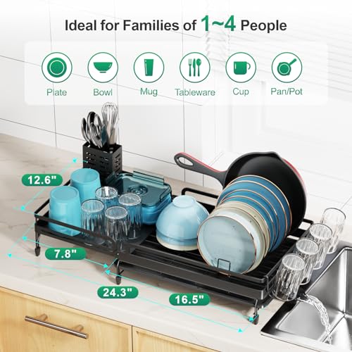 GSlife Large Expandable Dish Drying Rack for Kitchen Counter - Adjustable Dish Drainer with Pans Slots, Rust-Resistant Dish Rack with Utensil Holder and Drainboard, 16.5"-24.4" L x 12.6" W Black - Image 2