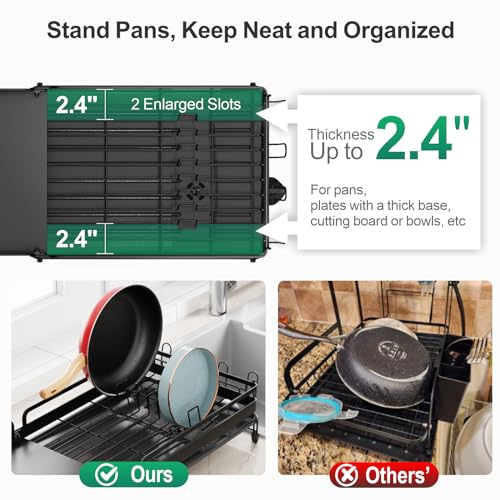 GSlife Large Expandable Dish Drying Rack for Kitchen Counter - Adjustable Dish Drainer with Pans Slots, Rust-Resistant Dish Rack with Utensil Holder and Drainboard, 16.5"-24.4" L x 12.6" W Black - Image 5