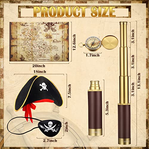 Sratte Pirate Monocular Telescope Treasure Map Pocket Compass Pirate Hat Skull Print Captain Costume, 5 Pcs Party Favors Costume Spyglass Kid Compass for Cosplay(Small) - Image 2