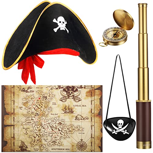 Sratte Pirate Monocular Telescope Treasure Map Pocket Compass Pirate Hat Skull Print Captain Costume, 5 Pcs Party Favors Costume Spyglass Kid Compass for Cosplay(Small) - Image 1