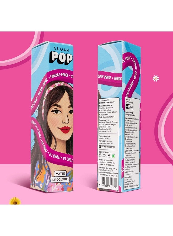SUGAR POP لون شفاه مطفي - 01 فلفل حار (أحمر كرزي) - 1.6 مل - يدوم حتى 8 ساعات ل أحمر شفاه أحمر للنساء ل غير جاف، مقاوم للبقع، يدوم طويلاً - Image 2