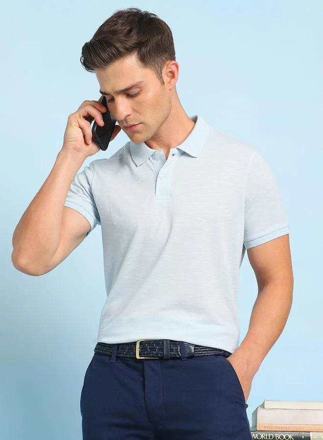 Men's Sky Blue Cotton Blend Solid Pattern Regular Fit T-Shirt