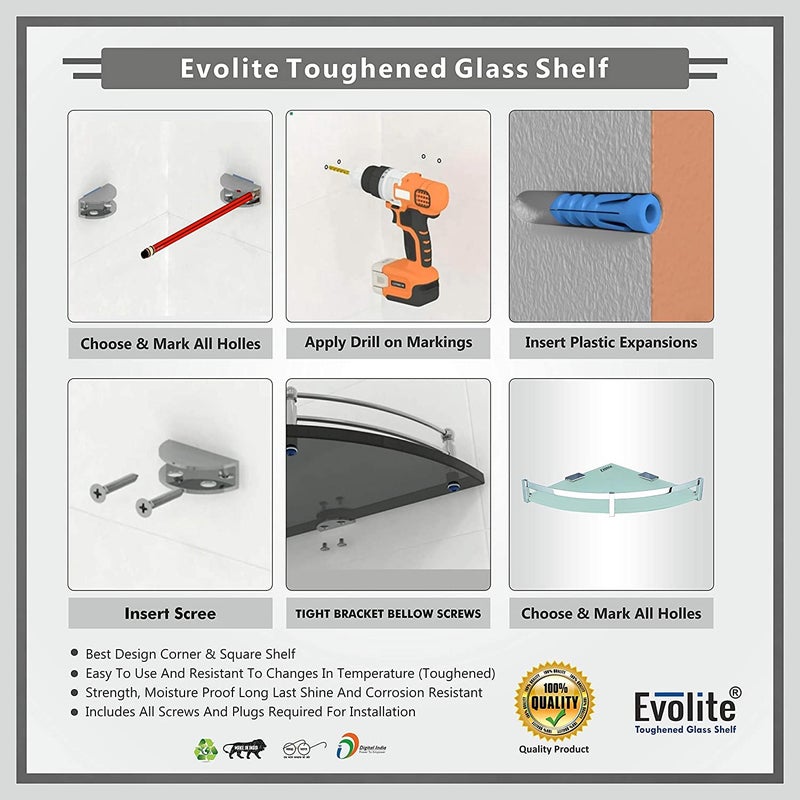 Evolite رف زجاجي مقسى من إيفوليت لغرفة المعيشة وزاوية الحمام ورفوف التخزين، رف حائط زاوي مع حوامل مثبتة (9 × 12 بوصة) (عبوة من 3) - Image 3