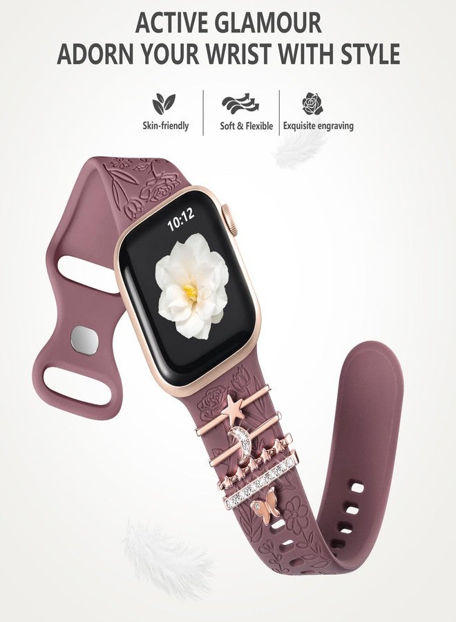 داجين سوار DaQin محفور عليه زهور متوافق مع أساور ساعة Apple Watch مقاس 40 مم للنساء و38 مم و41 مم، سوار رياضي من السيليكون الناعم مع تعليقات زخرفية لساعة Apple Watch Series 9 8 7 6 5 4 3 2 1 SE (مع السوار) - Image 5
