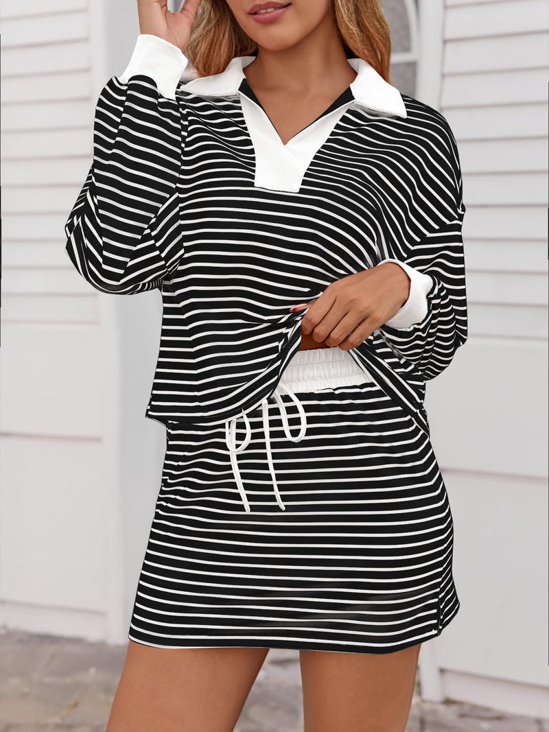 Fisoew Womens Striped 2 Piece Outfits Casual Sweatshirt Skirt Set Long Sleeve Skort Workout Set Matching Lounge Sets - Image 2