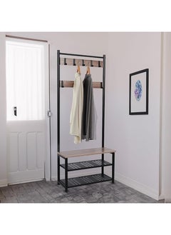 RIGID Steel Coat Rack Stand with Wooden Top Bench & Shelves Black 175x70x33cm  - Image 1