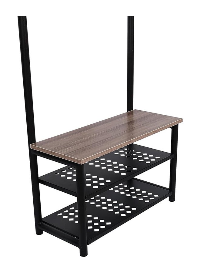 RIGID Steel Coat Rack Stand with Wooden Top Bench & Shelves Black 175x70x33cm  - Image 2
