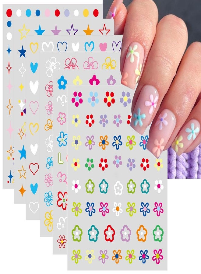BSBTBZ 6PCS Flowers Nail Stickers for Nail Art -3D Colorful Daisy Flower Nail Sticker Floral Nail Decal Self-Adhesive Hibiscus Flower Star Heart Sticker for Nails Supplies French Nail Sticker Manicure Decor - Image 1