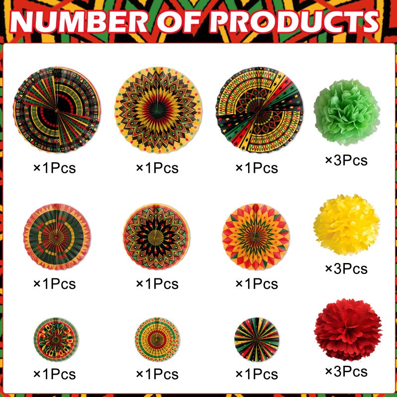 Rakuto Black History Month Decorations, 18PCS Juneteenth Paper Fans with Paper Poms Party Decoration, African American Themed Decor for Classroom Office Supplies - Image 3