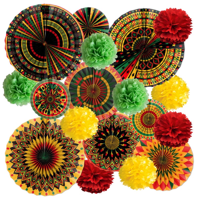 Rakuto Black History Month Decorations, 18PCS Juneteenth Paper Fans with Paper Poms Party Decoration, African American Themed Decor for Classroom Office Supplies - Image 1