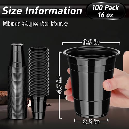 Dualshine 100 Pack Black Plastic Cups 16 oz Disposable Cups for Party Heavy Duty Drinking Cups Halloween Cup for Wedding Birthday Beer Taste Serving Snack Sample Tastings Barbecues Picnic - Image 5